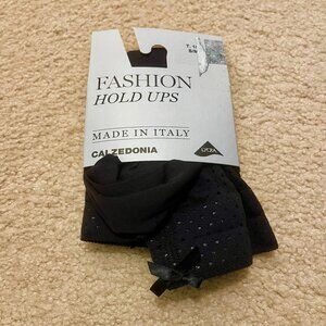 NWT Calzedonia Black Thigh High Stockings w/ Garter Bows, Size Small/Medium